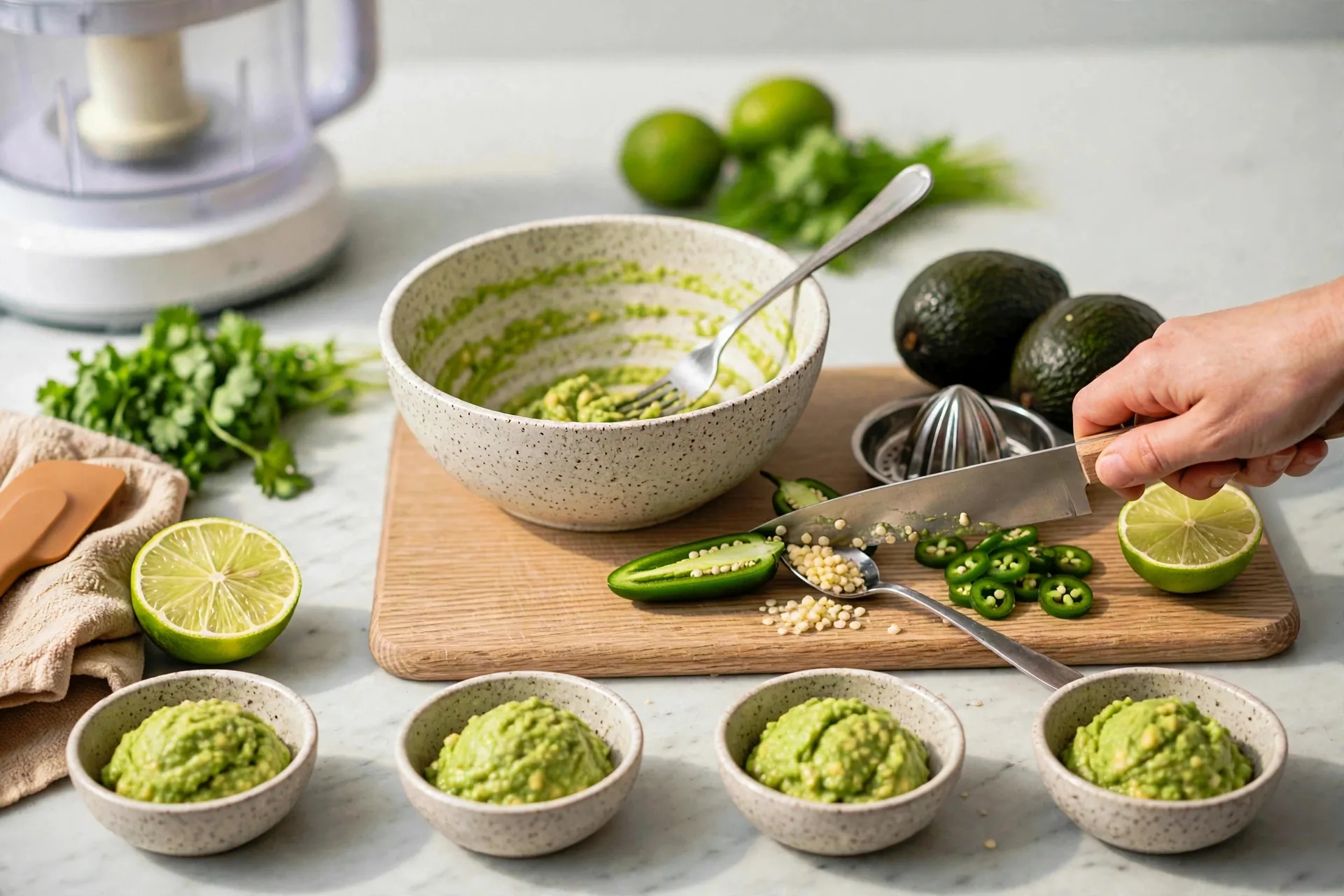 Knife slicing jalapeño with seeds being scraped out