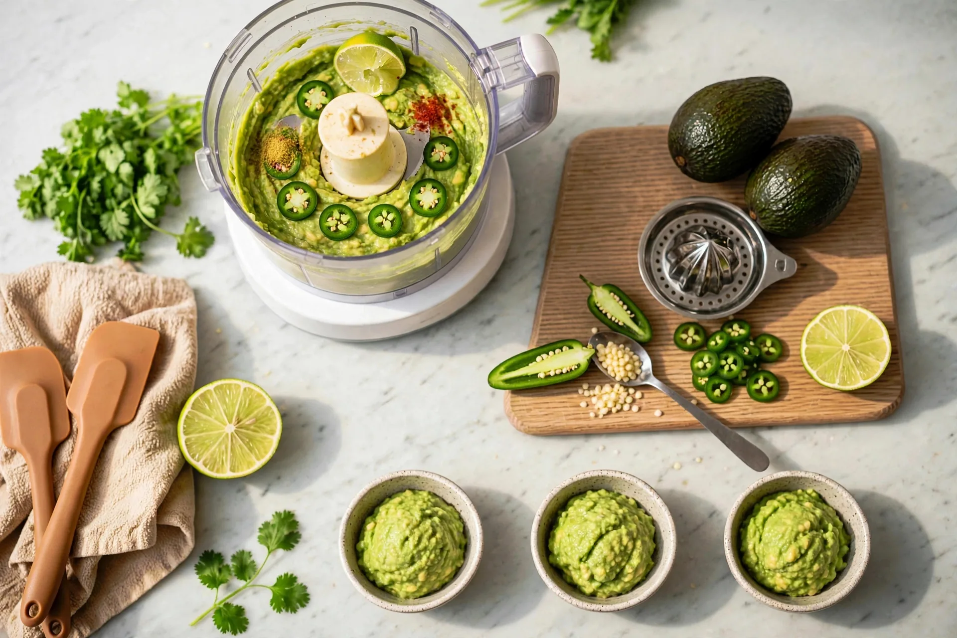 Jalapeño cumin cayenne and lime on avocado in a processor