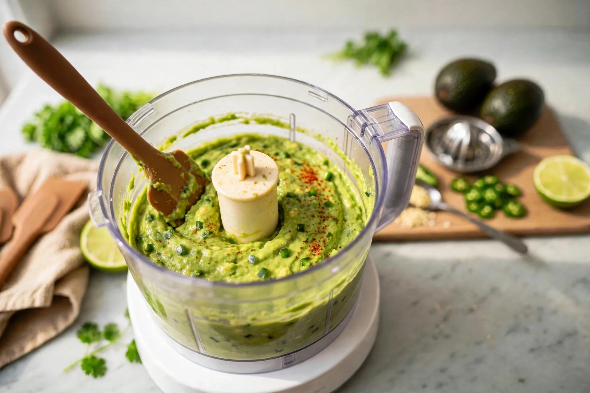 Spicy avocado dip blended speckled in a processor
