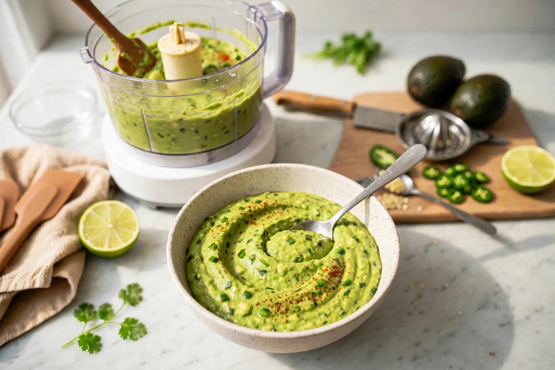 Spicy avocado dip swirled in a serving bowl