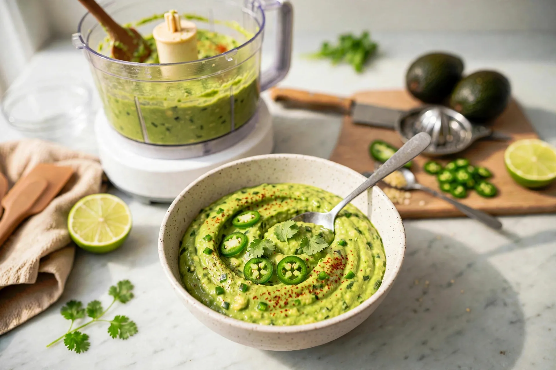 Jalapeño slices chili flakes and cilantro on spicy dip