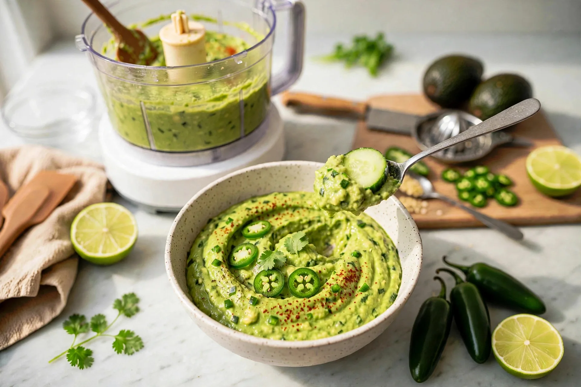 Spicy avocado dip with cucumber slice dipped