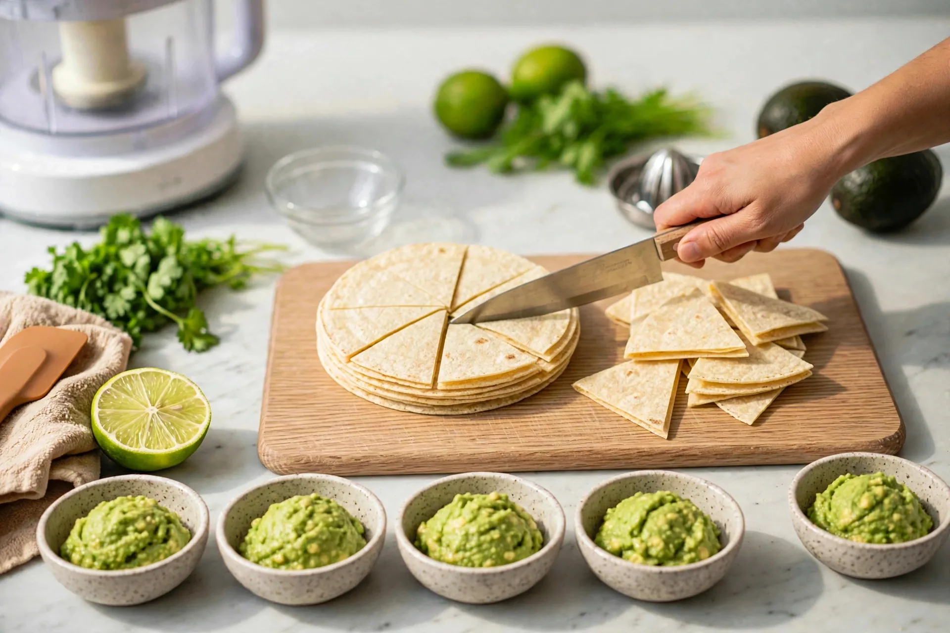 Knife cutting corn tortillas into wedges