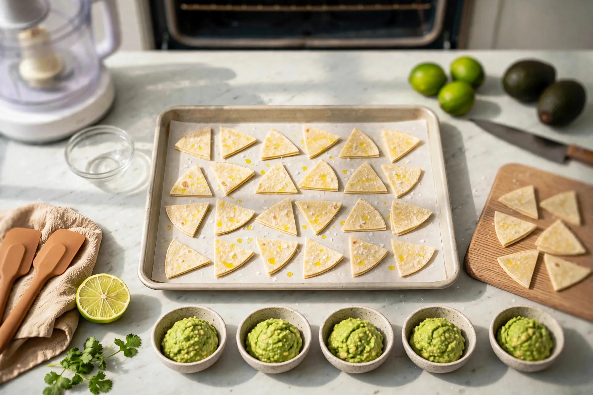 Tortilla wedges spread on a baking sheet