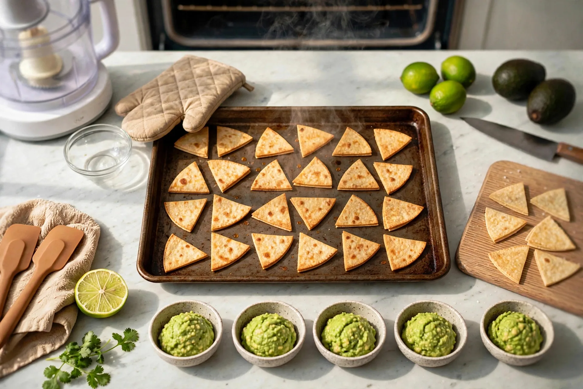 Golden baked tortilla chips on a baking sheet