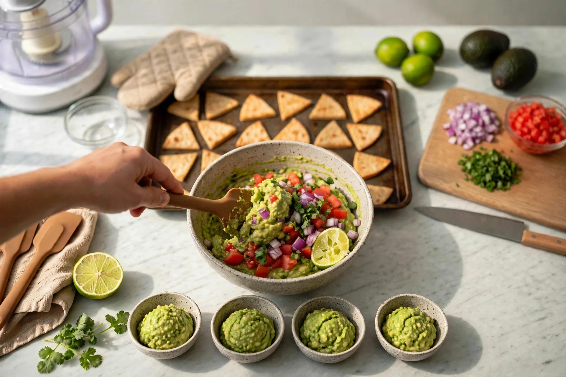 Spatula folding chunky ingredients into avocado dip