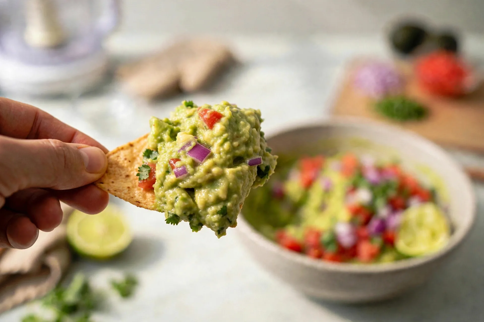 Chip scooping chunky avocado dip with tomato and onion