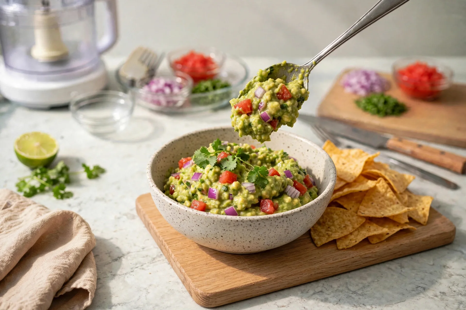 Chunky avocado dip spooned into a serving bowl