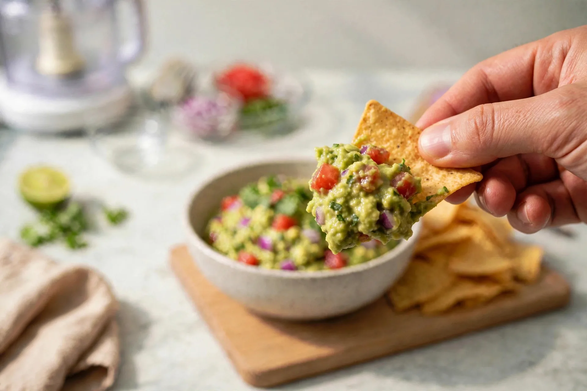 Hand dipping a tortilla chip into chunky avocado dip