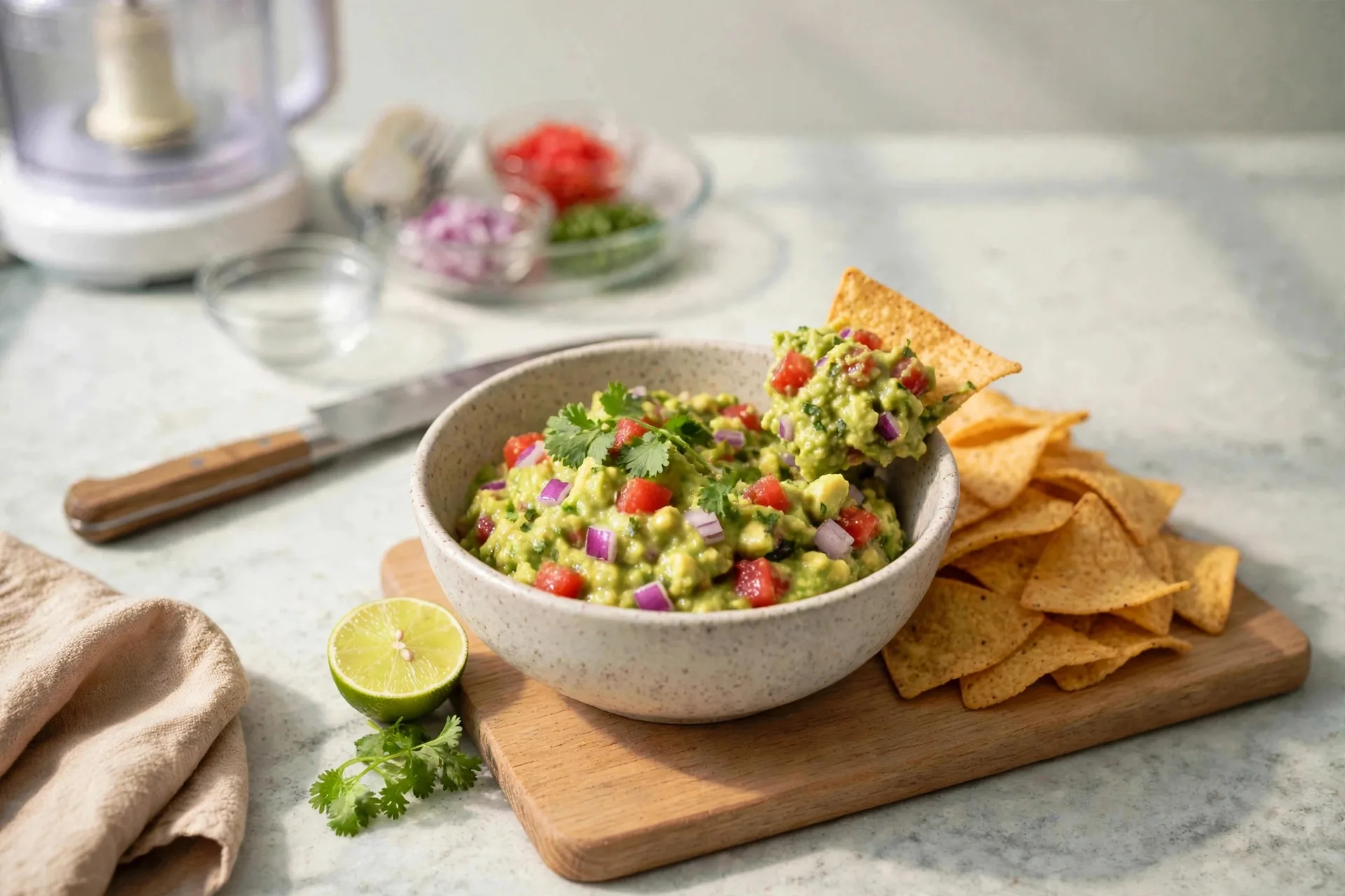 Chunky avocado dip with baked tortilla chips