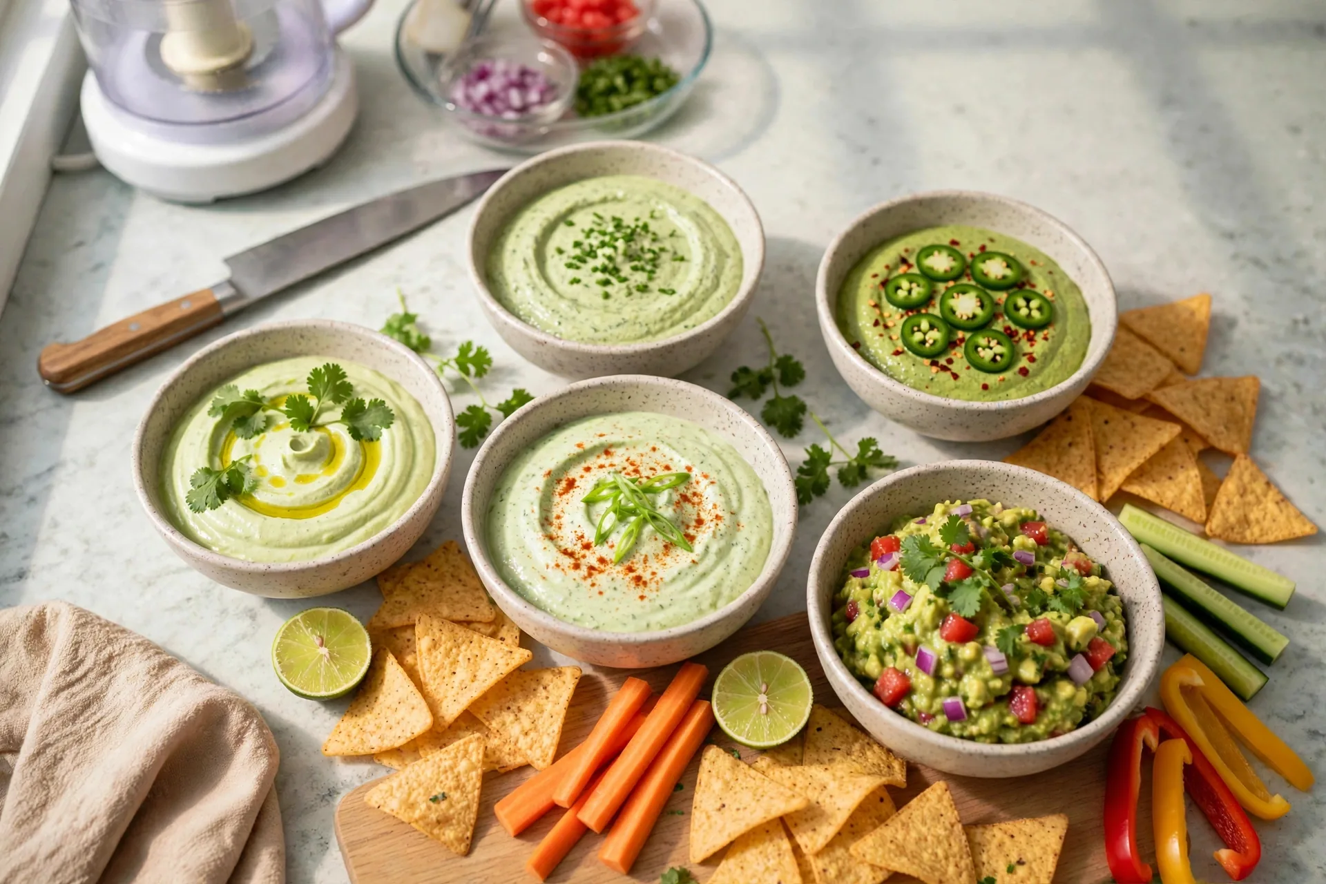Five avocado dips on a table with chips and vegetables