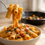 Creamy butternut squash pasta in a cream bowl topped with roasted squash cubes, crispy sage and Parmesan
