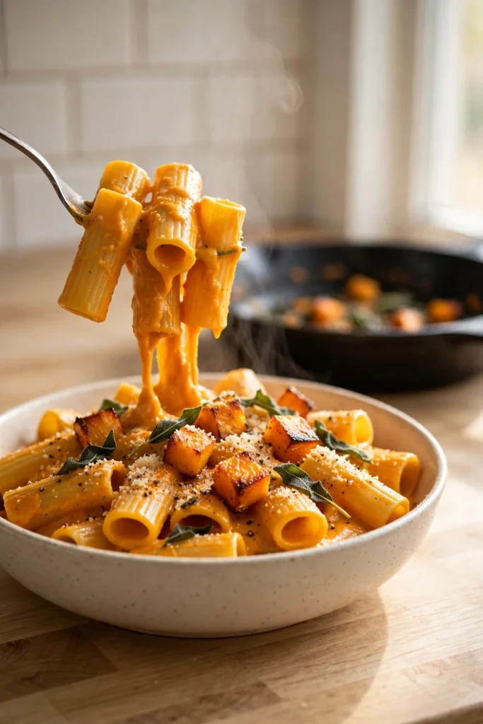 Creamy butternut squash pasta in a cream bowl topped with roasted squash cubes, crispy sage and Parmesan