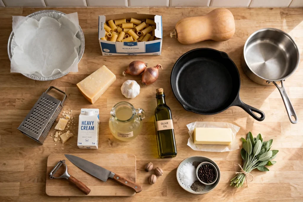 Raw ingredients for creamy butternut squash pasta arranged on a wooden counter