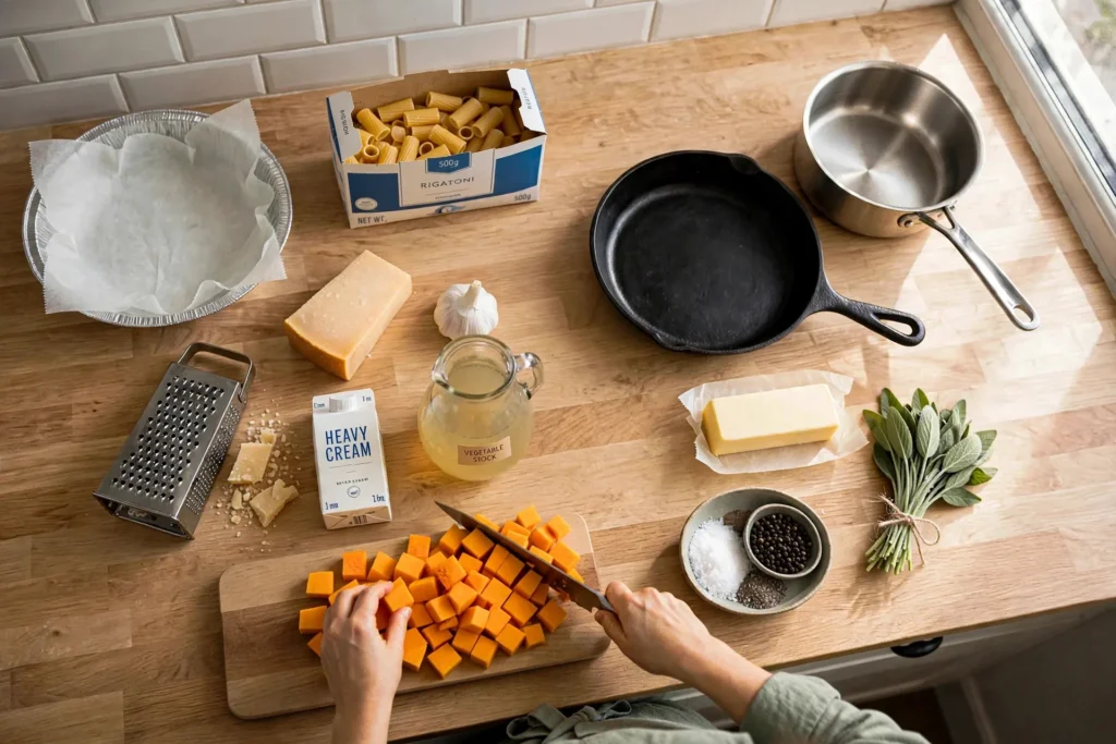 Cutting butternut squash into cubes on a cutting board
