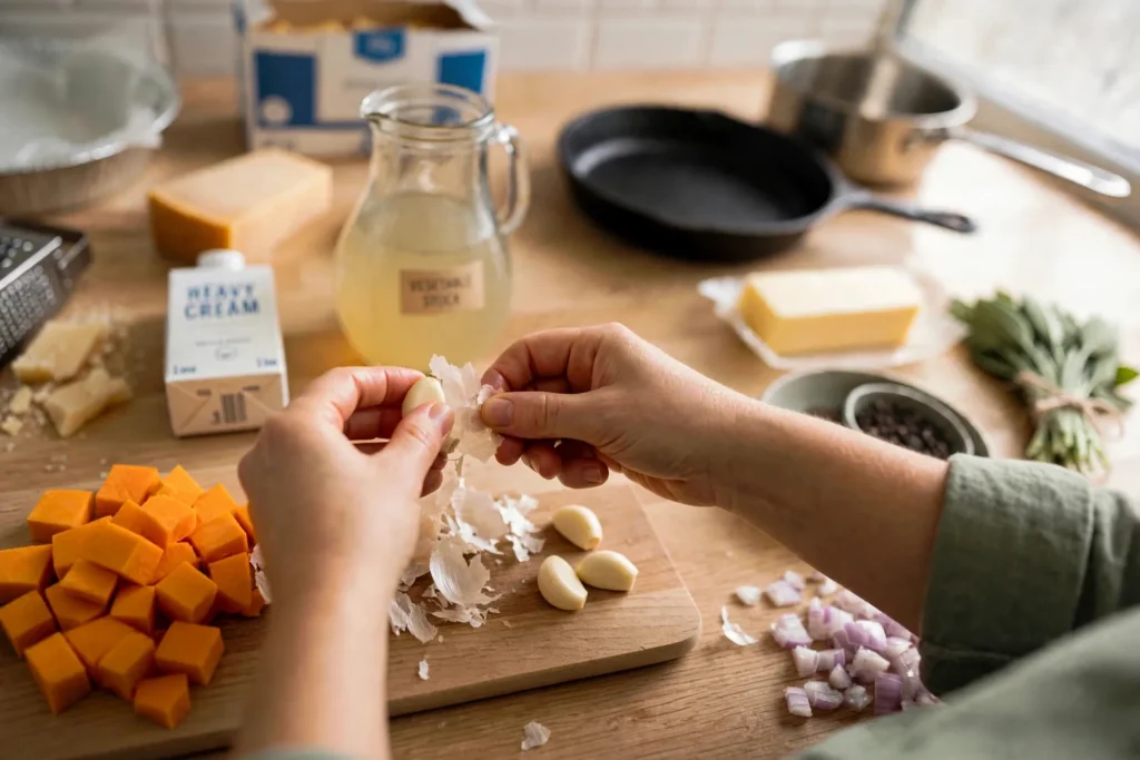 Peeling garlic cloves on a cutting board