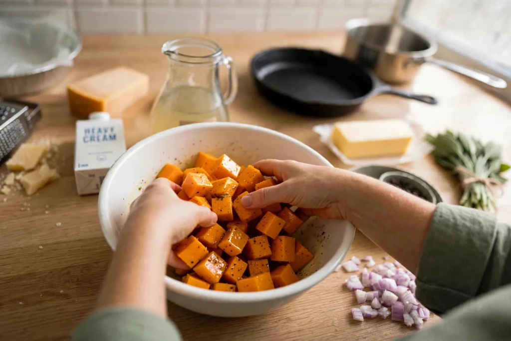 Tossing butternut squash cubes with olive oil in a bowl