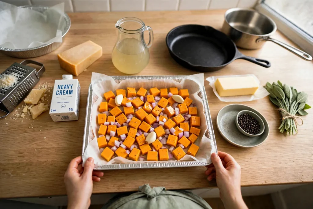 Raw squash cubes, shallots and garlic arranged on a sheet pan