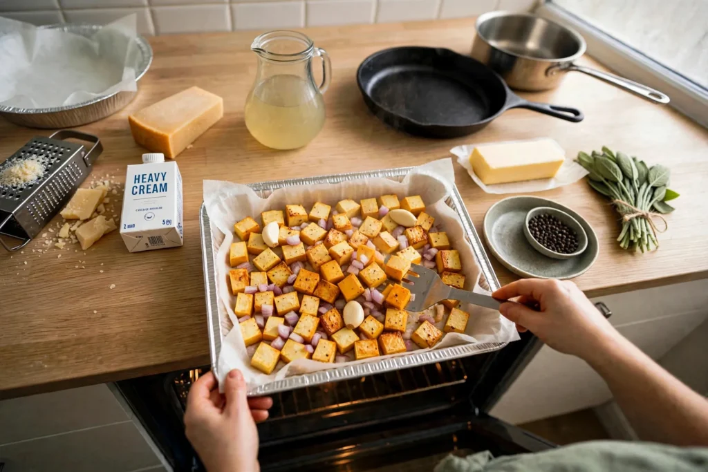 Stirring roasting squash cubes on a sheet pan in the oven