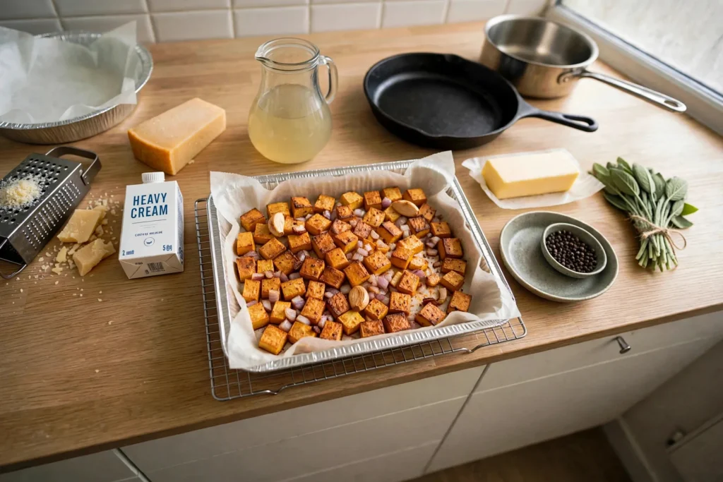 Caramelized roasted butternut squash on a sheet pan