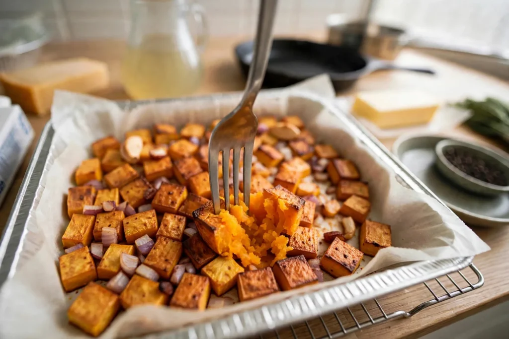 Fork pressing into a tender roasted squash cube
