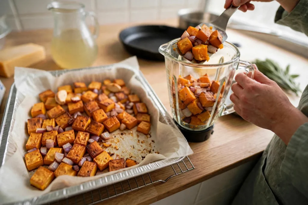 Transferring roasted squash into a blender jar