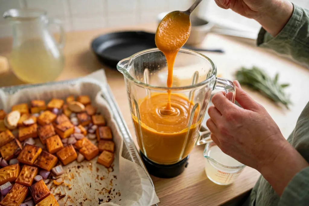 Smooth velvety butternut squash sauce in a blender