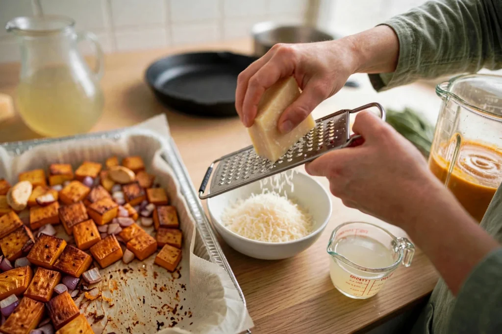 Grating Parmesan cheese into a bowl