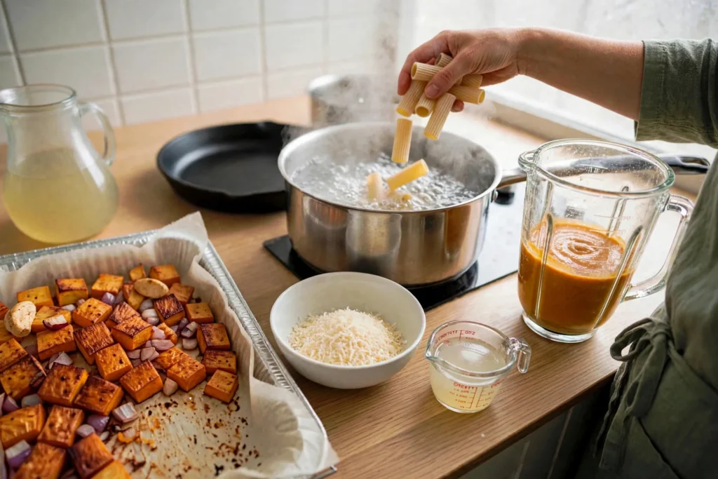 Lowering rigatoni into boiling salted water