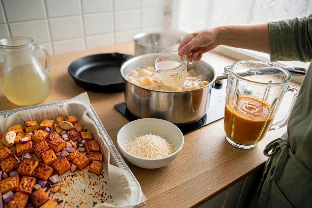 Scooping starchy pasta water with a measuring cup