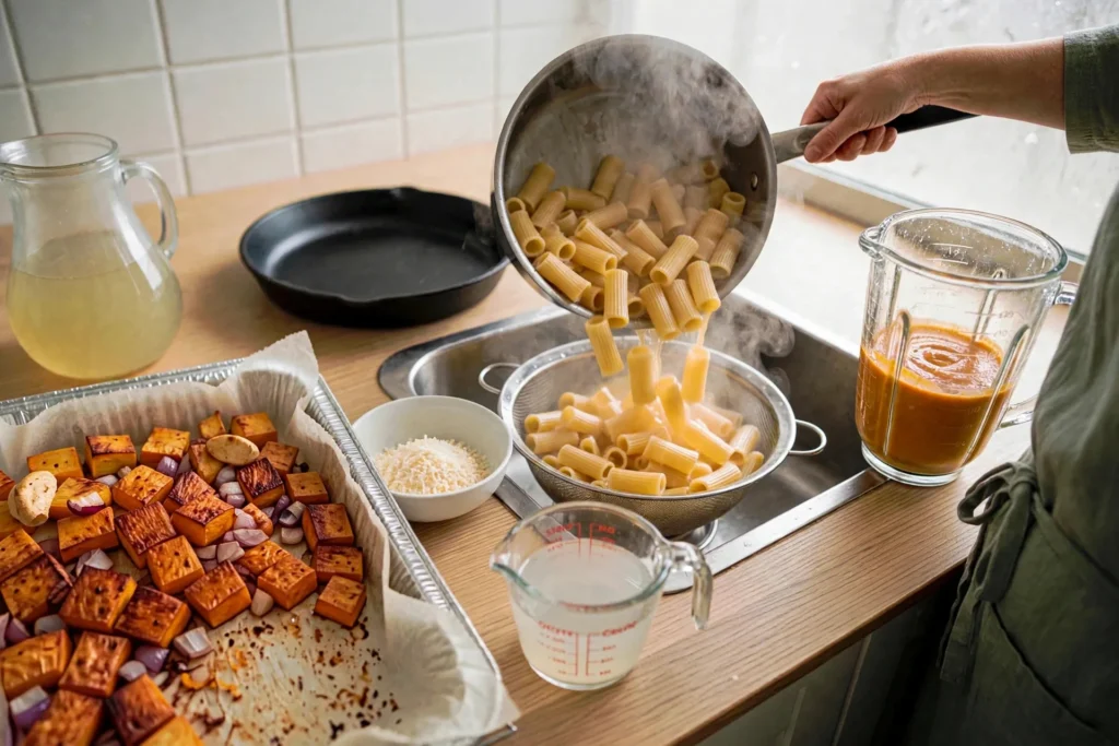 Draining cooked rigatoni in a colander