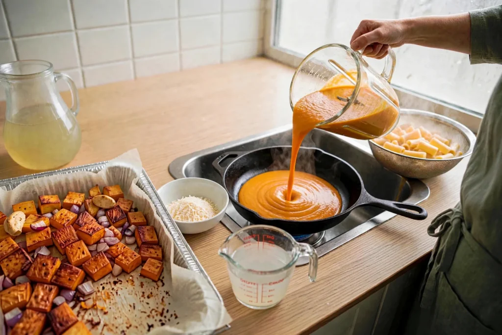 Pouring butternut squash sauce into a cast-iron skillet