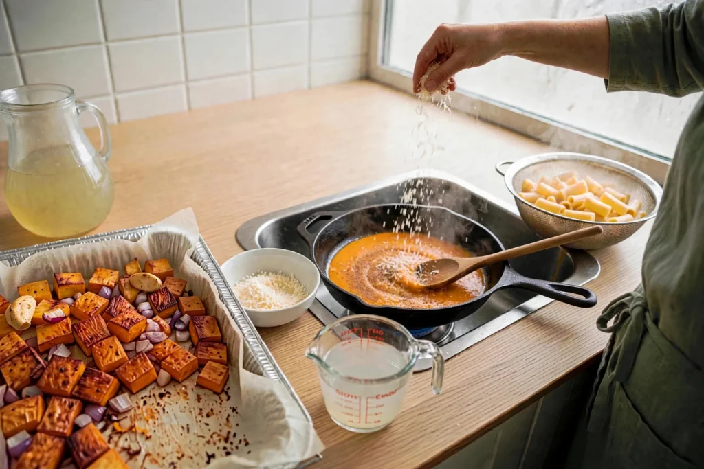 Stirring Parmesan and nutmeg into squash sauce