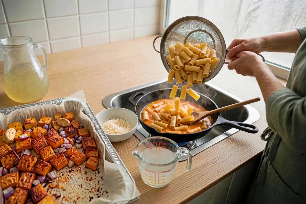 Adding drained rigatoni to the skillet of sauce