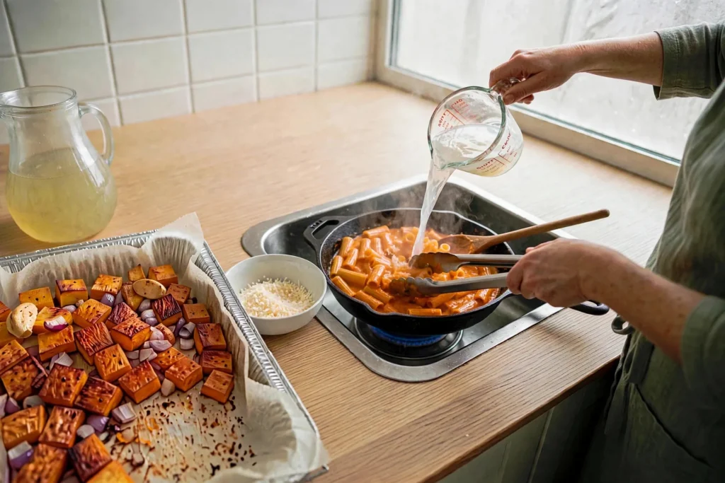 Tossing rigatoni in butternut squash sauce with tongs