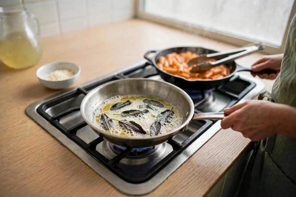 Frying fresh sage leaves in foaming butter