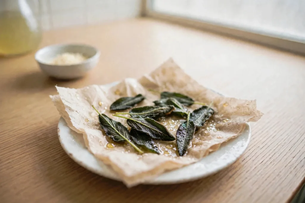 Crispy fried sage leaves draining on a paper towel