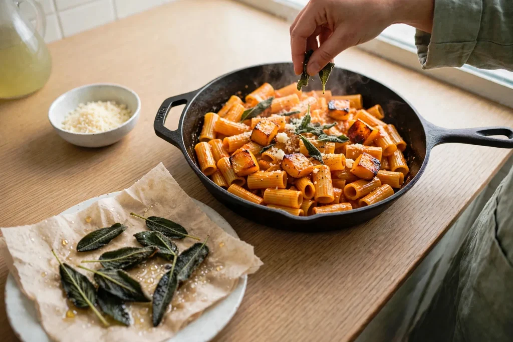 Garnishing butternut squash pasta with sage and Parmesan