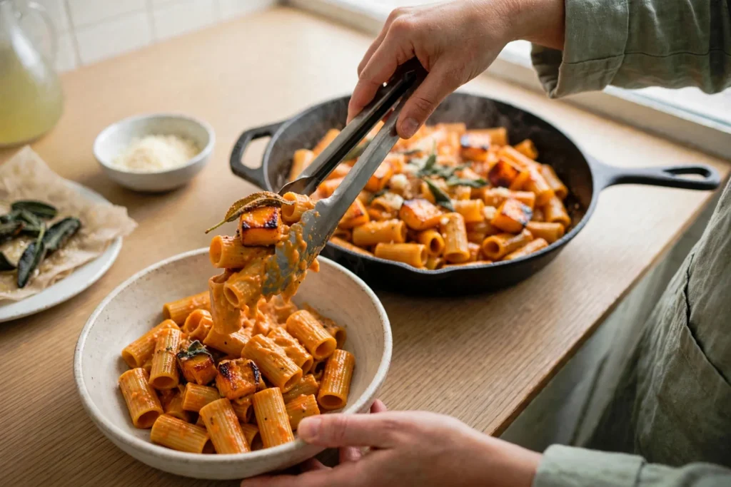 Serving creamy butternut squash pasta into a bowl