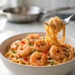 Creamy Cajun shrimp pasta in a white bowl, topped with seared shrimp, parsley and Parmesan