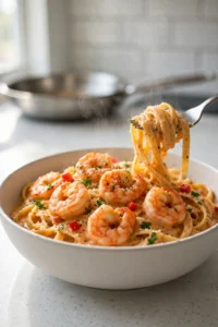 Creamy Cajun shrimp pasta in a white bowl, topped with seared shrimp, parsley and Parmesan