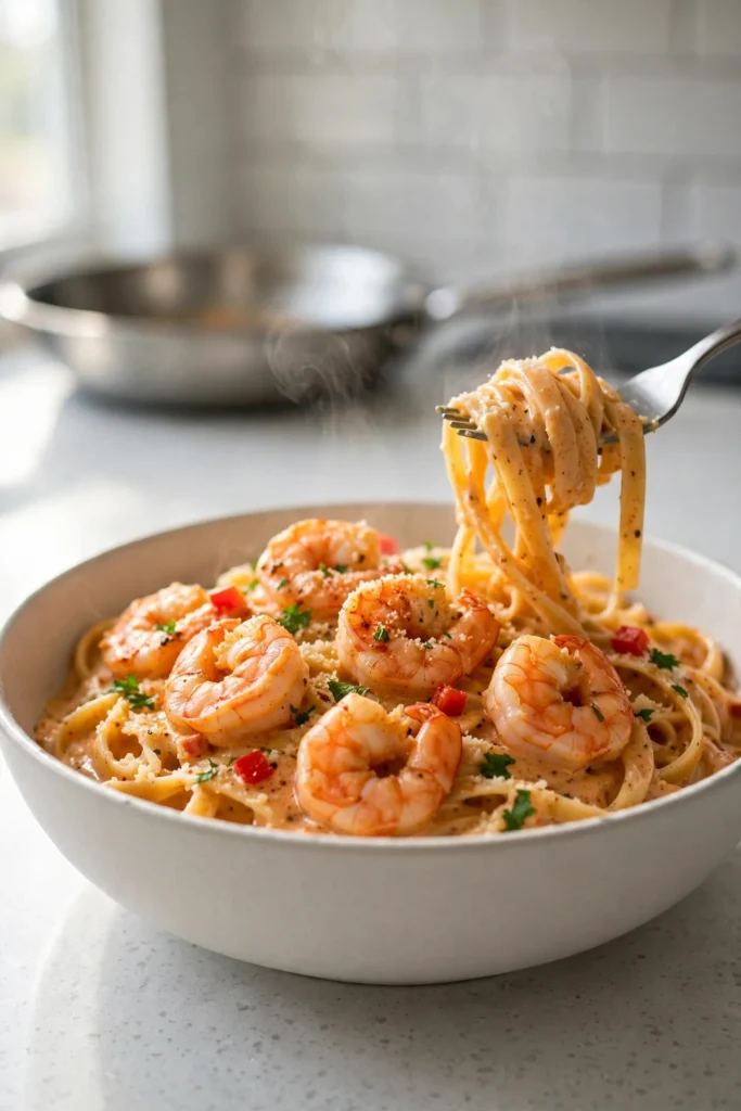 Creamy Cajun shrimp pasta in a white bowl, topped with seared shrimp, parsley and Parmesan