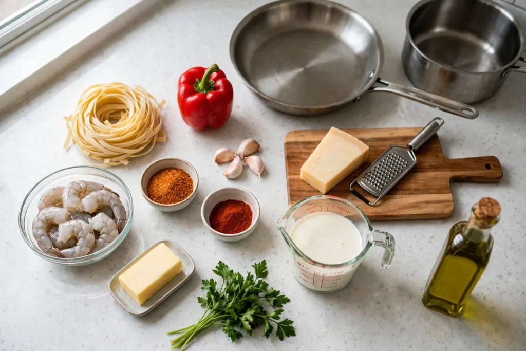 Raw ingredients for Cajun shrimp pasta: fettuccine, shrimp, Cajun seasoning, bell pepper, garlic, Parmesan, cream