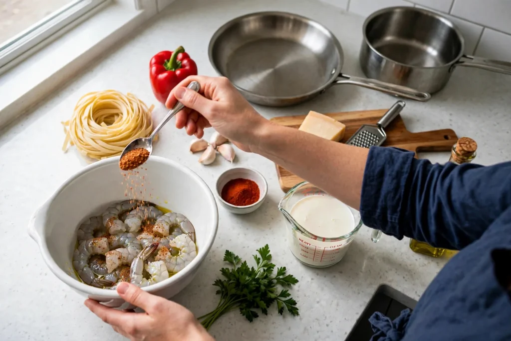 Sprinkling Cajun seasoning over raw shrimp in a bowl