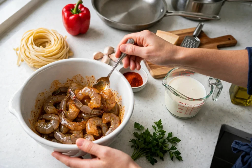 Raw shrimp evenly coated in Cajun seasoning