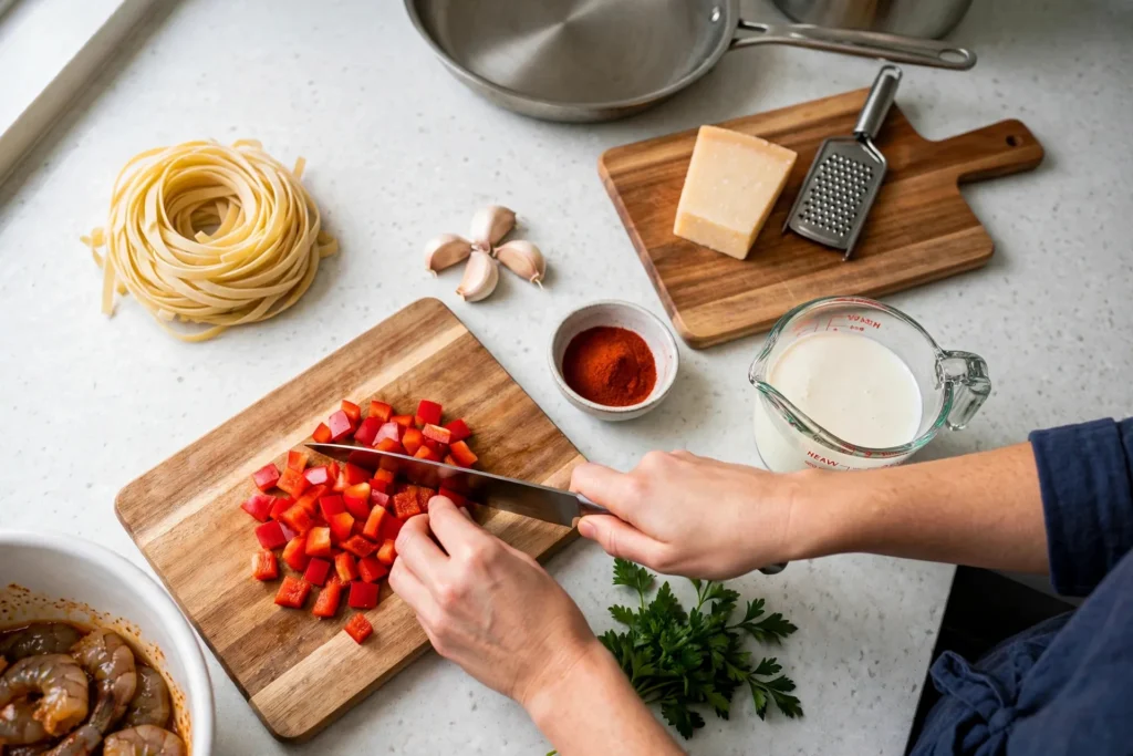 Dicing a red bell pepper on a wooden cutting board