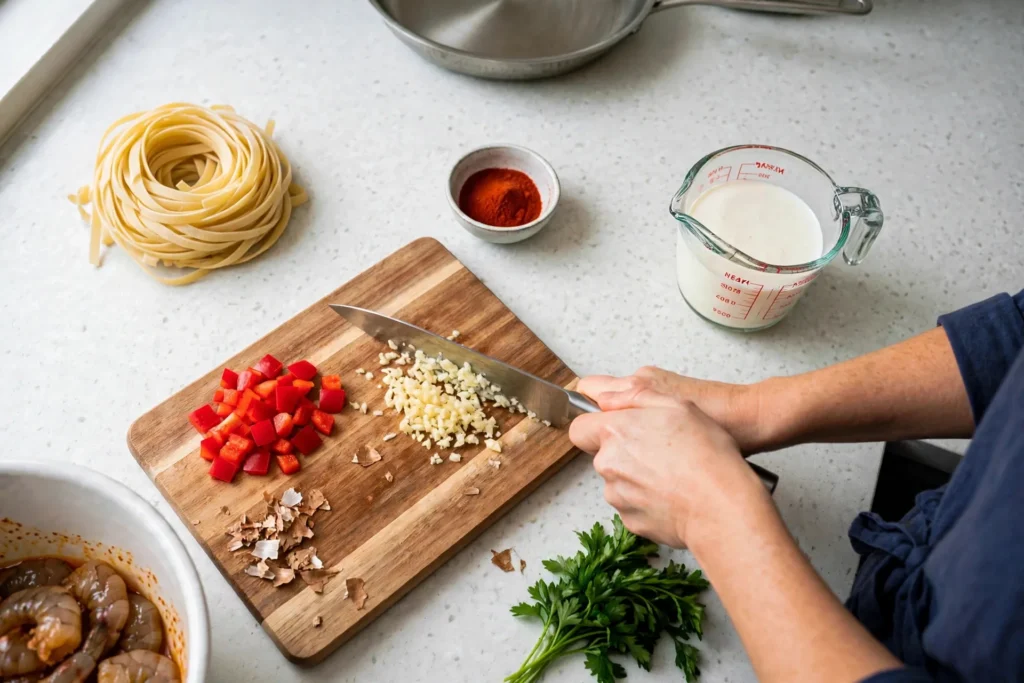 Mincing garlic with a chef's knife