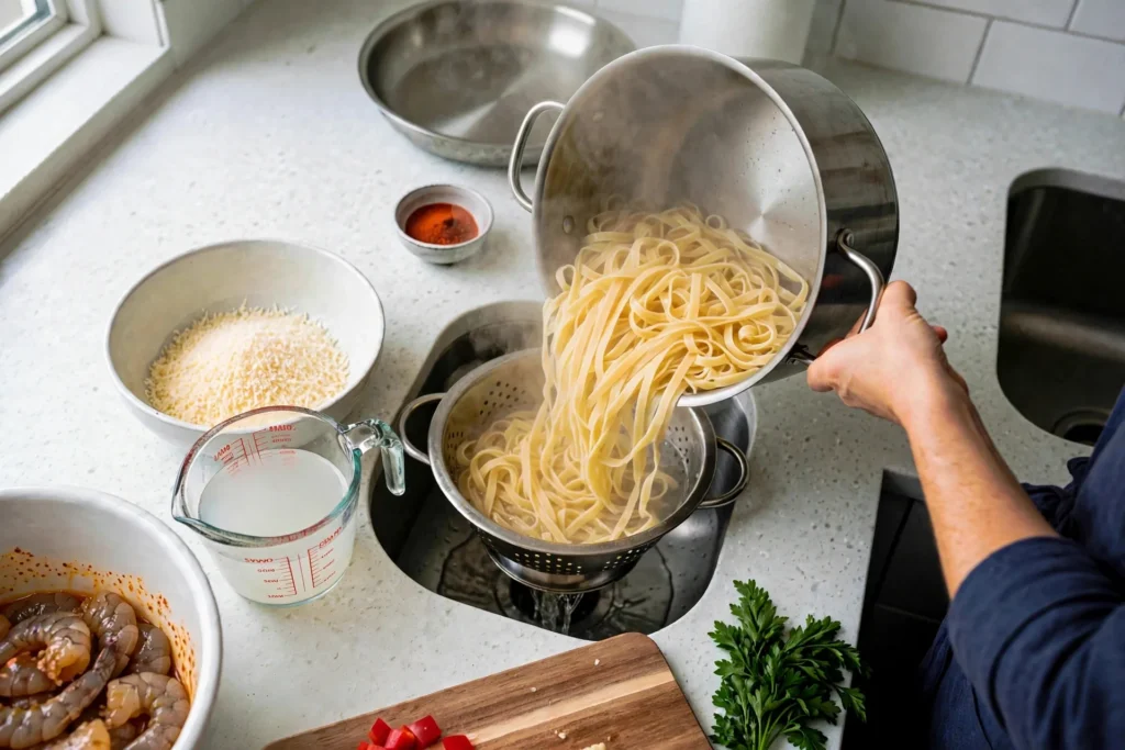 Draining cooked fettuccine in a colander