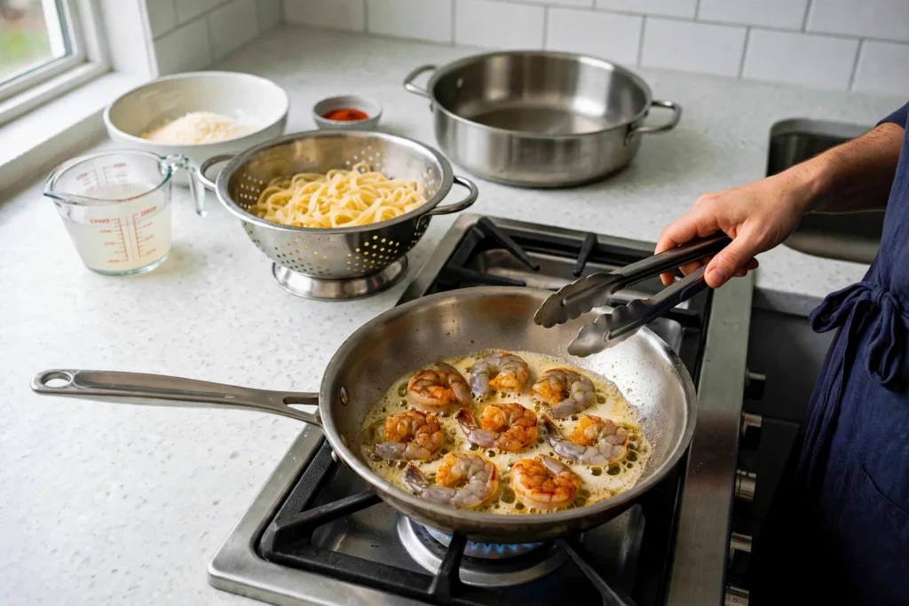 Seasoned shrimp arranged in a single layer in a hot skillet