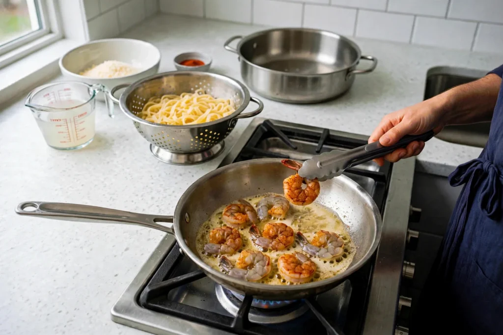 Flipping shrimp with tongs in a skillet